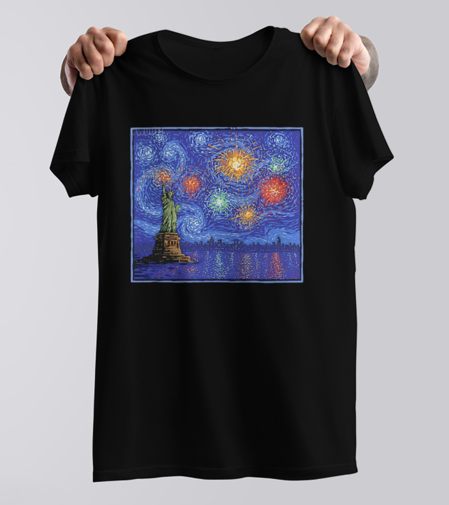 Fireworks Over Statue Of Liberty In Van Gogh Starry Night T-Shirt
