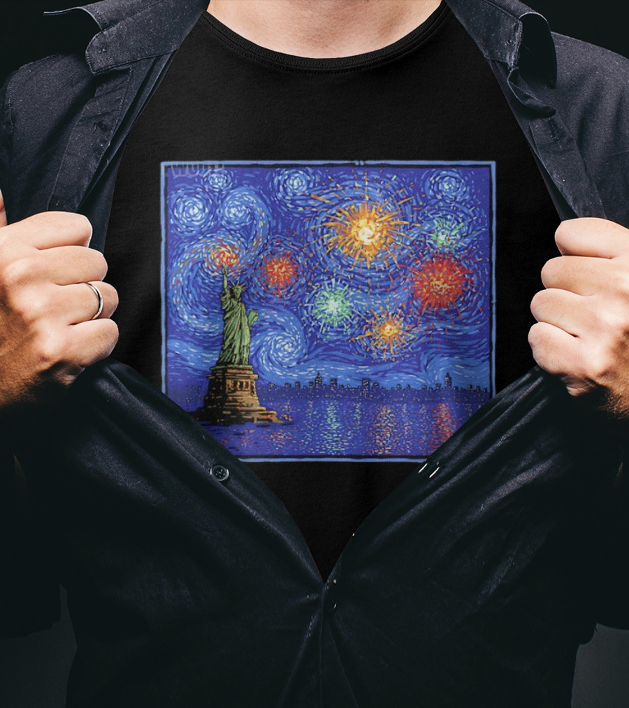 Fireworks Over Statue Of Liberty In Van Gogh Starry Night T-Shirt