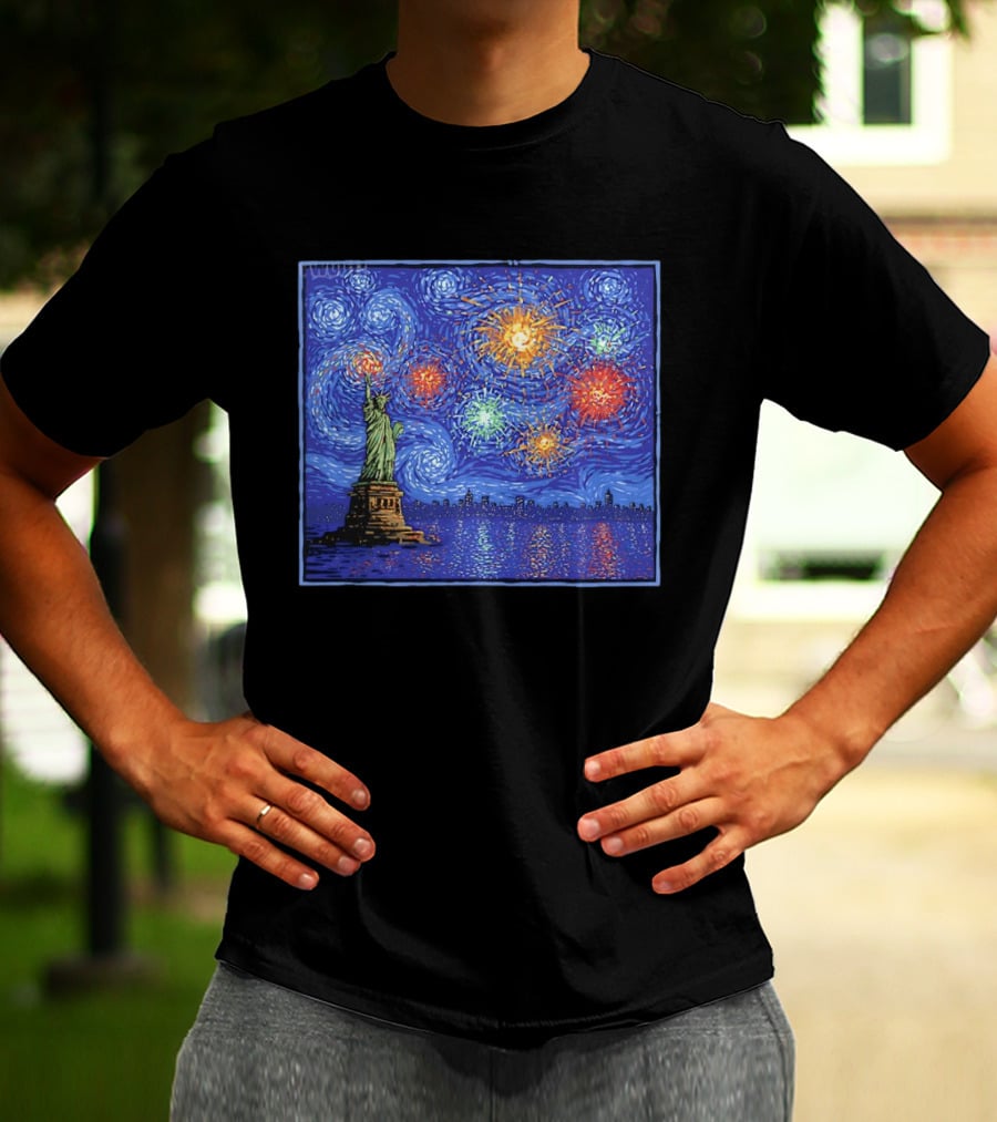 Fireworks Over Statue Of Liberty In Van Gogh Starry Night T-Shirt