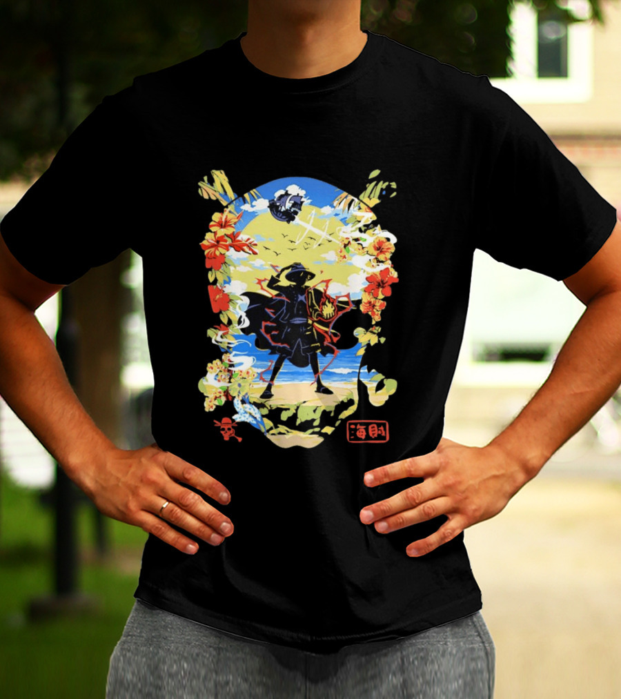 Monkey D Luffy One Piece Hat Pirate Beach Scene Floral Surrounding T-Shirt