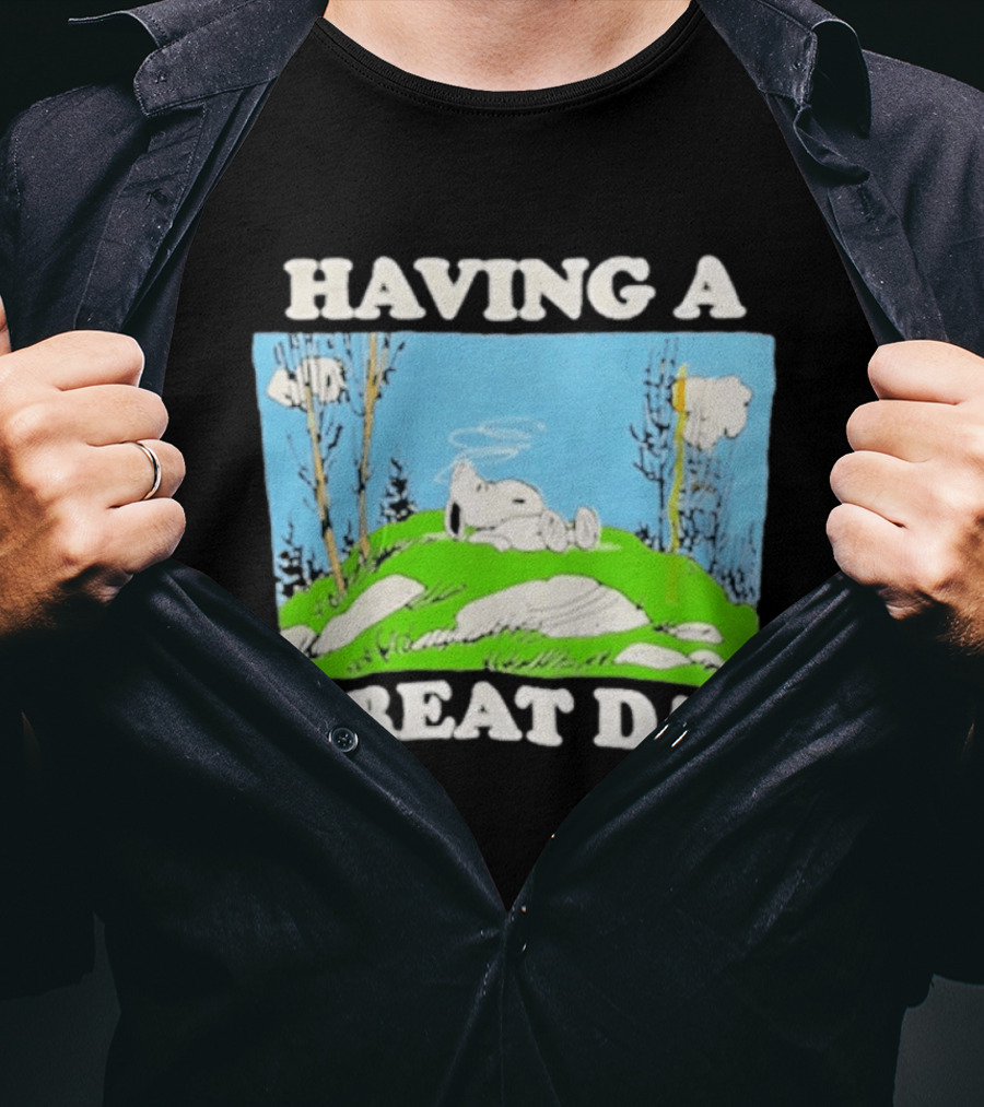 Snoopy Having A Great Day Relaxing On The Green Hill With Blue Sky And Clouds T-Shirt