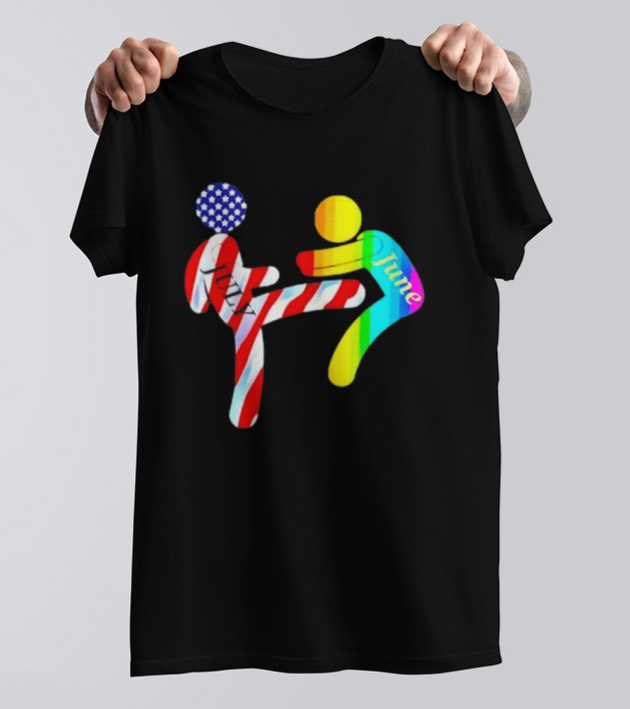 July Independence Kick With June Pride Month Rainbow Flag USA Stars And Stripes T-Shirt