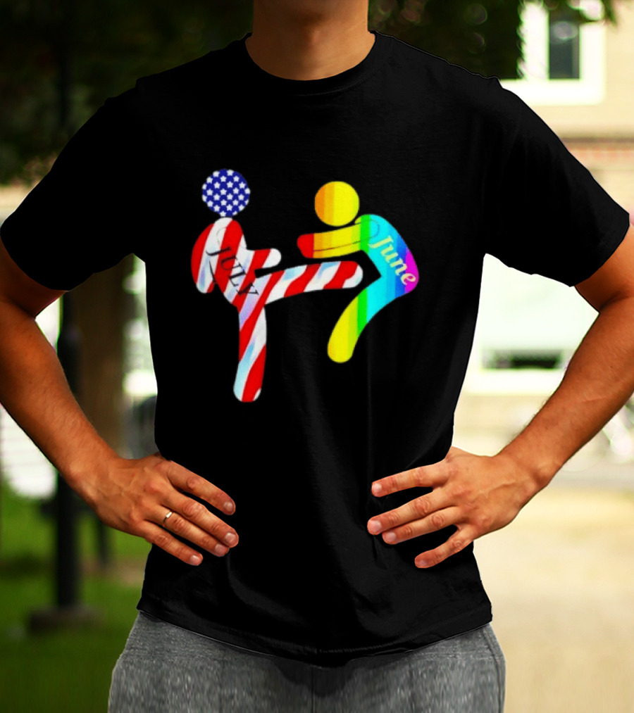 July Independence Kick With June Pride Month Rainbow Flag USA Stars And Stripes T-Shirt