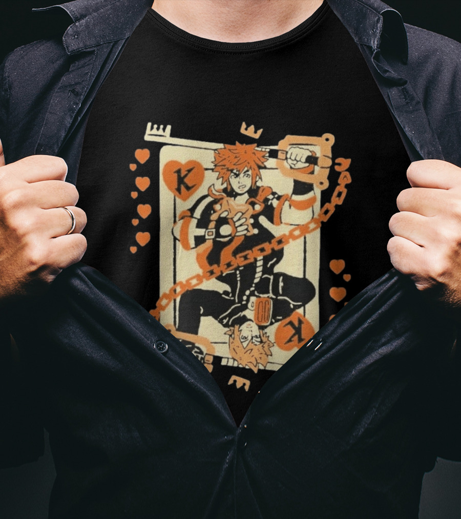 King Of Hearts K Chain Crown Keyblade Orange And Black Playing Card T-Shirt