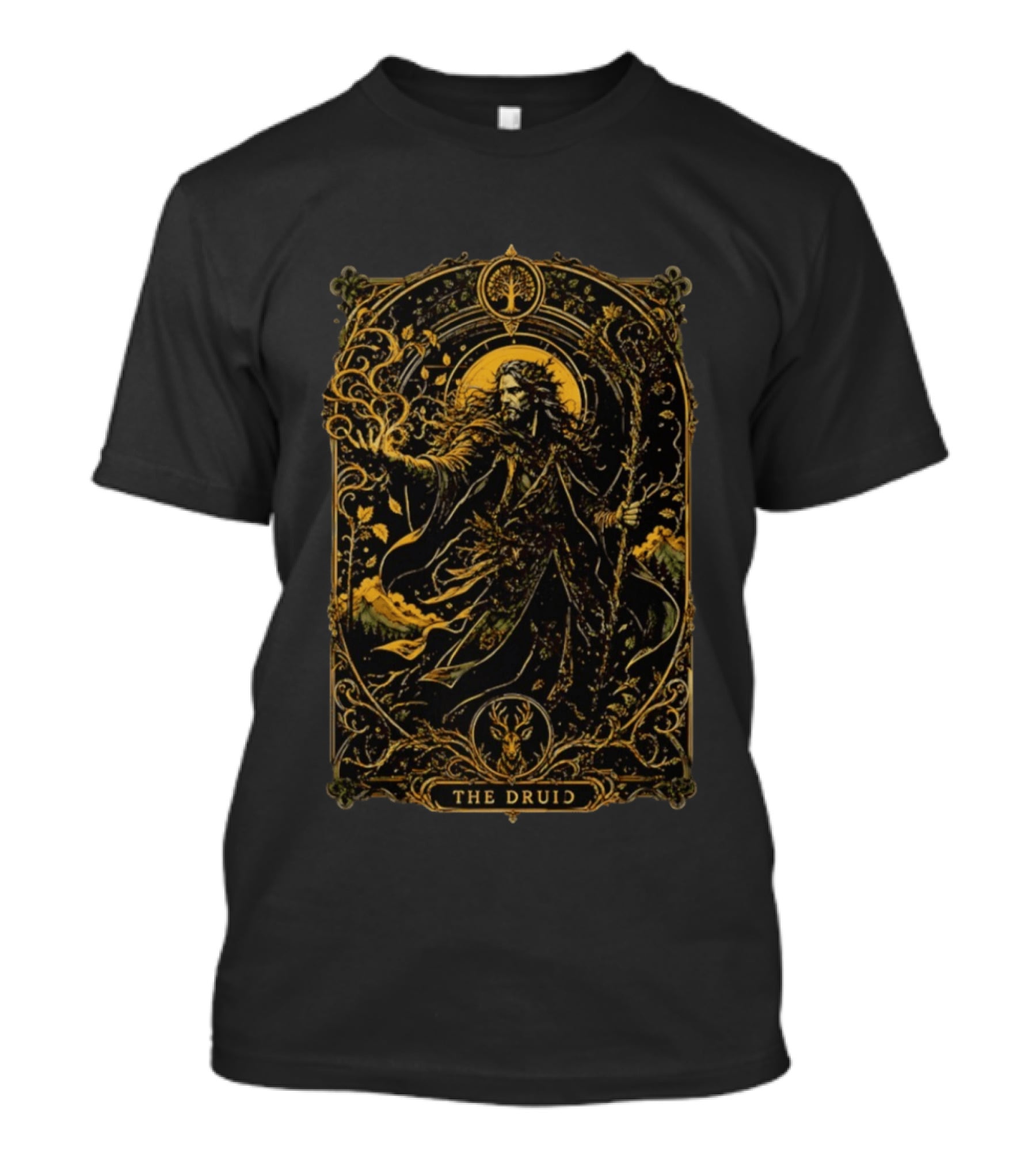 The Druid Fantasy Forest Magic Celtic Mystical Enchantment With Stag And Staff T-Shirt