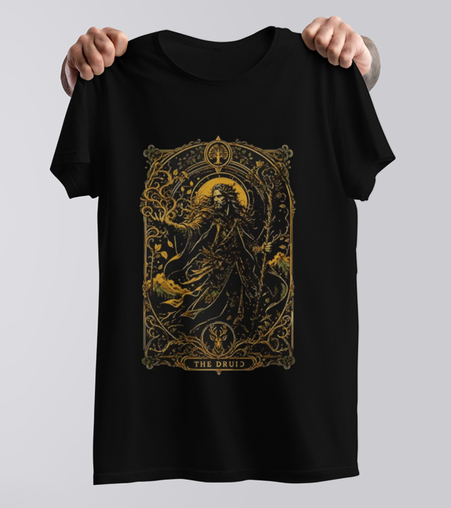 The Druid Fantasy Forest Magic Celtic Mystical Enchantment With Stag And Staff T-Shirt