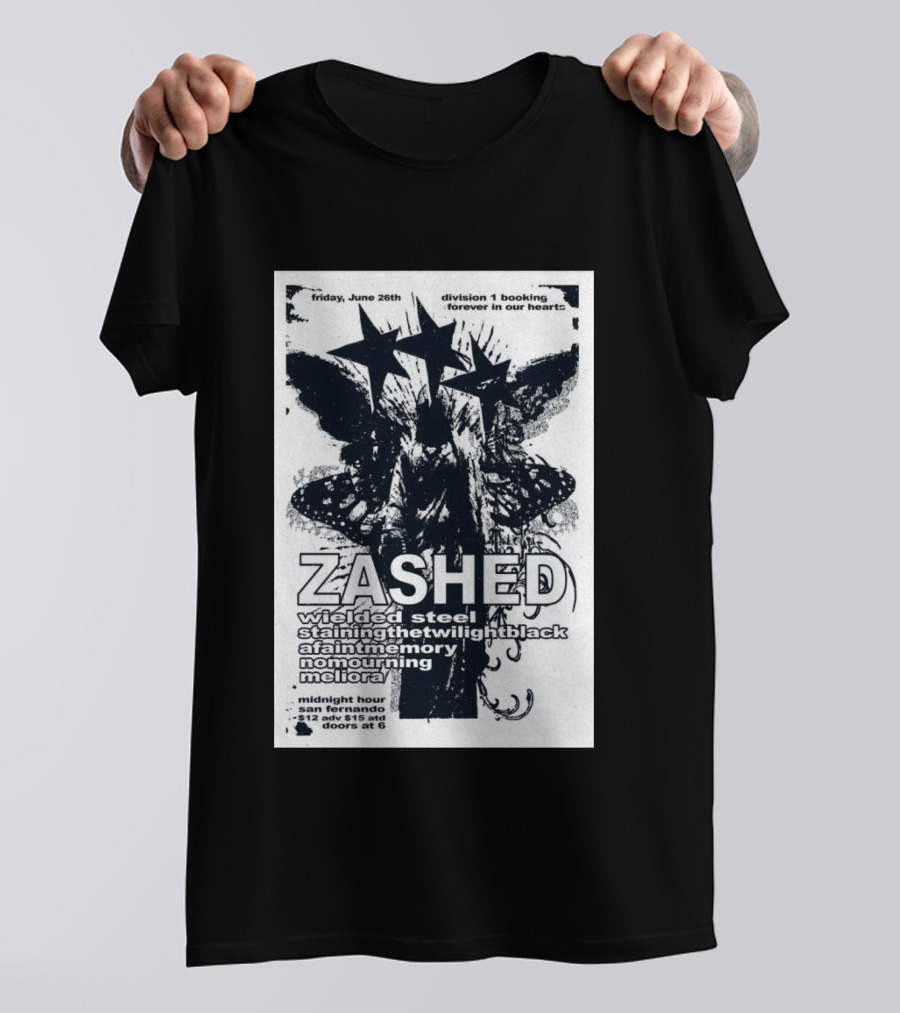 Friday June 26th San Fernando Midnight Hour Zashed Wielded Steel Stainingthetwilightblack A Faint Memory No Mourning Meliora T-Shirt