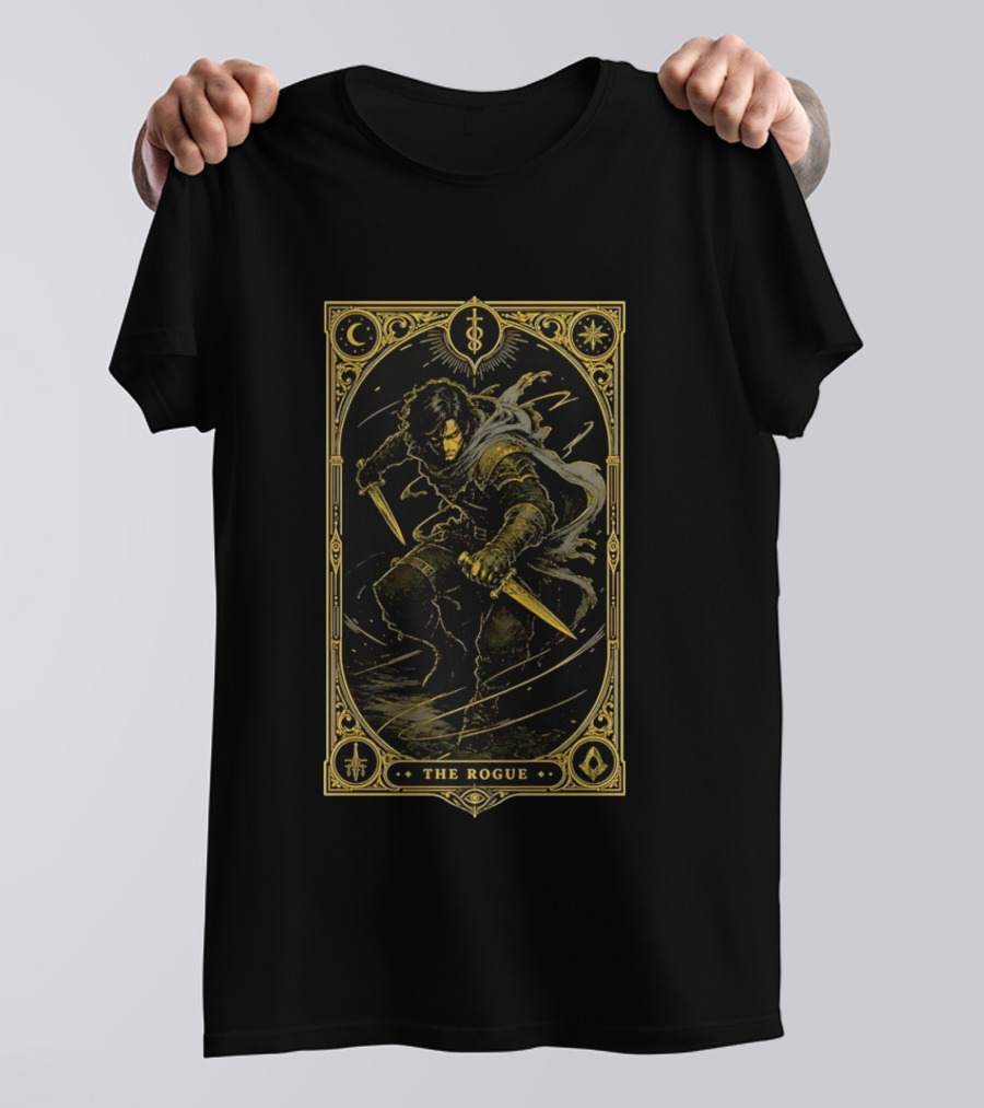 The Rogue Fantasy Tarot Card Dungeons And Dragons Moon Daggers Cloak T-Shirt