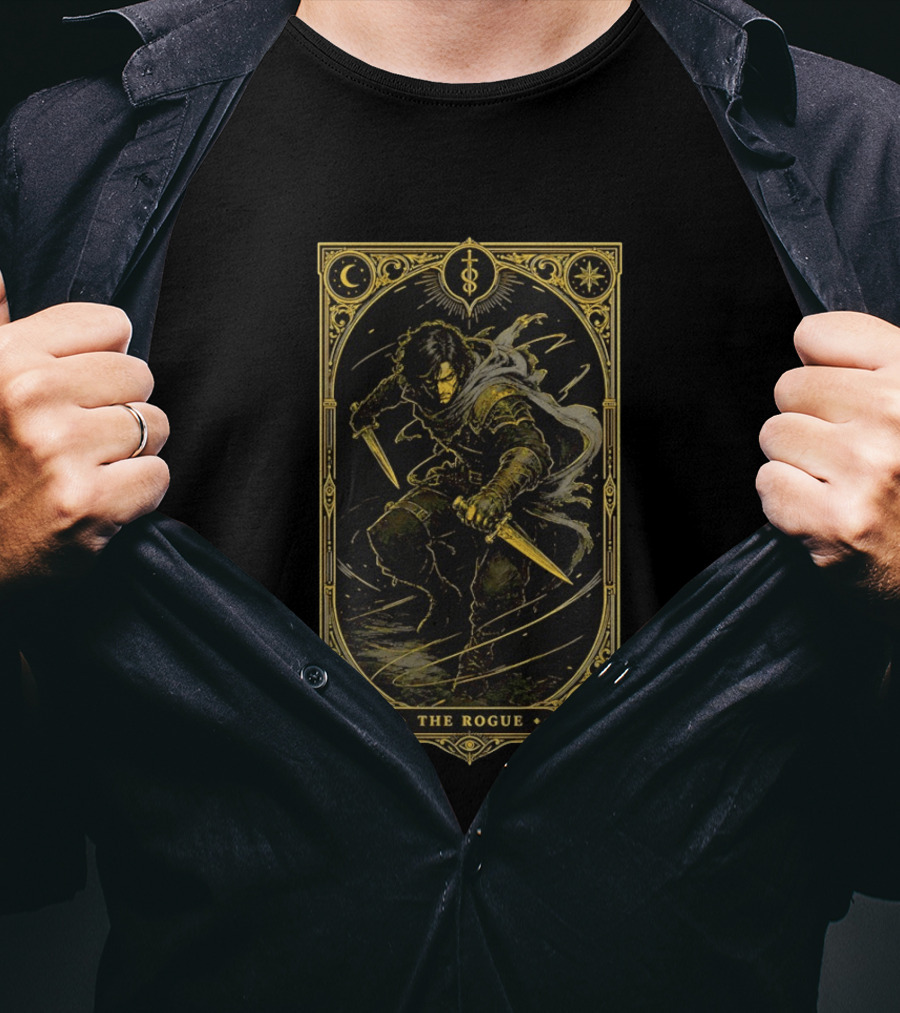 The Rogue Fantasy Tarot Card Dungeons And Dragons Moon Daggers Cloak T-Shirt