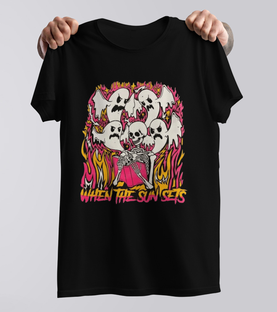 When The Sun Sets Ghost And Skeleton Illustration With Vibrant Pink And Yellow Flames T-Shirt