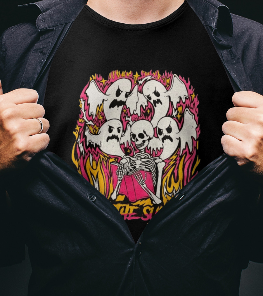 When The Sun Sets Ghost And Skeleton Illustration With Vibrant Pink And Yellow Flames T-Shirt