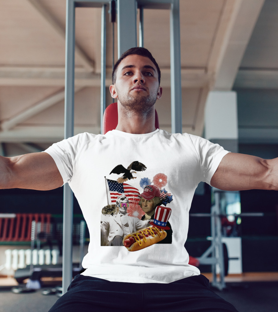 Merica Abraham Lincoln George Washington Hot Dog Eagle Fireworks Patriotic Celebration T-Shirt