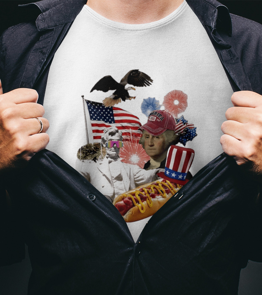 Merica Abraham Lincoln George Washington Hot Dog Eagle Fireworks Patriotic Celebration T-Shirt