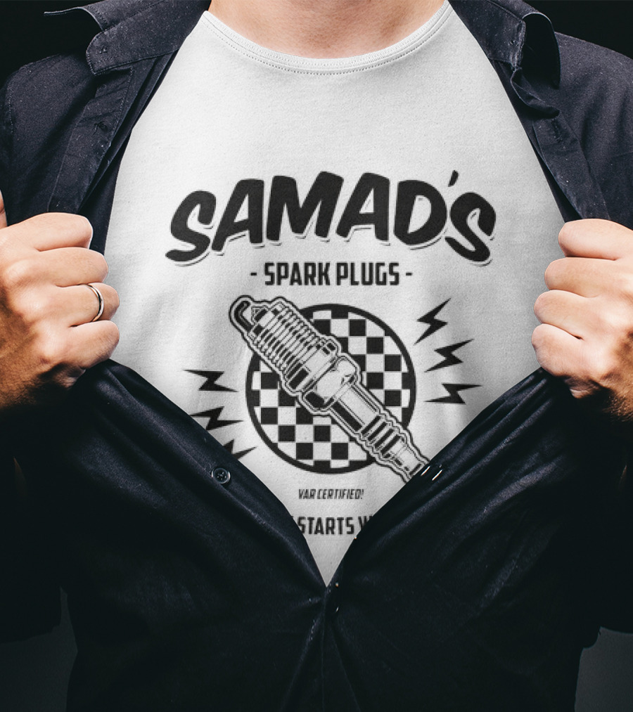 Samad's Spark Plugs Every Rally Starts With A Spark Racing Checkered Spark Plug T-Shirt