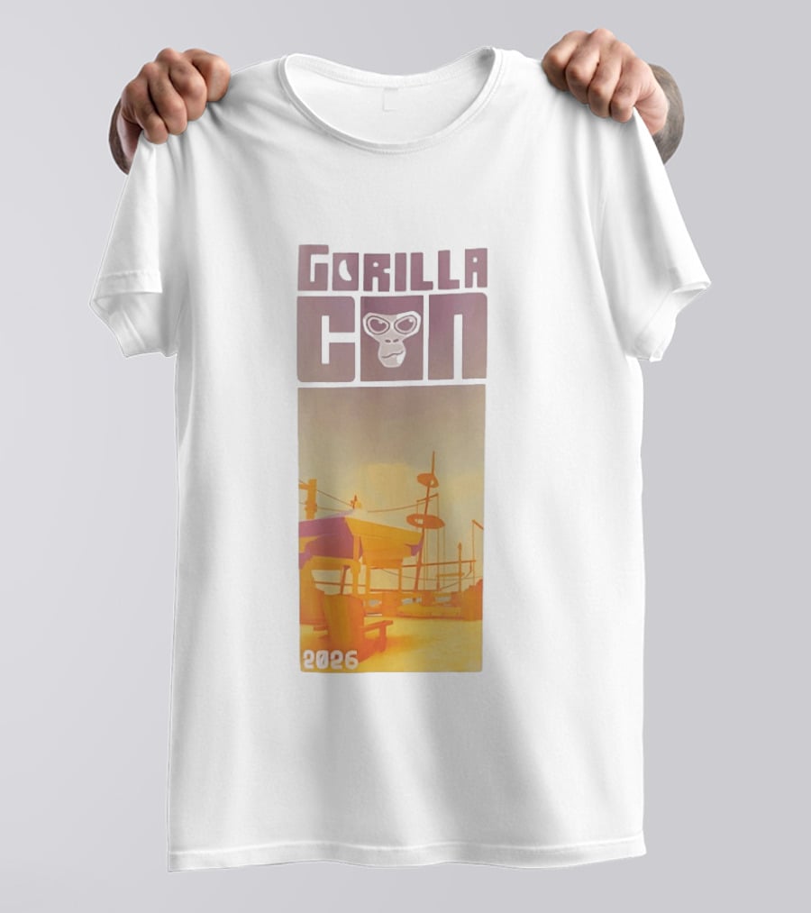 Gorilla Con 2026 Beach Adventure With Sunglasses Wearing Gorilla T-Shirt