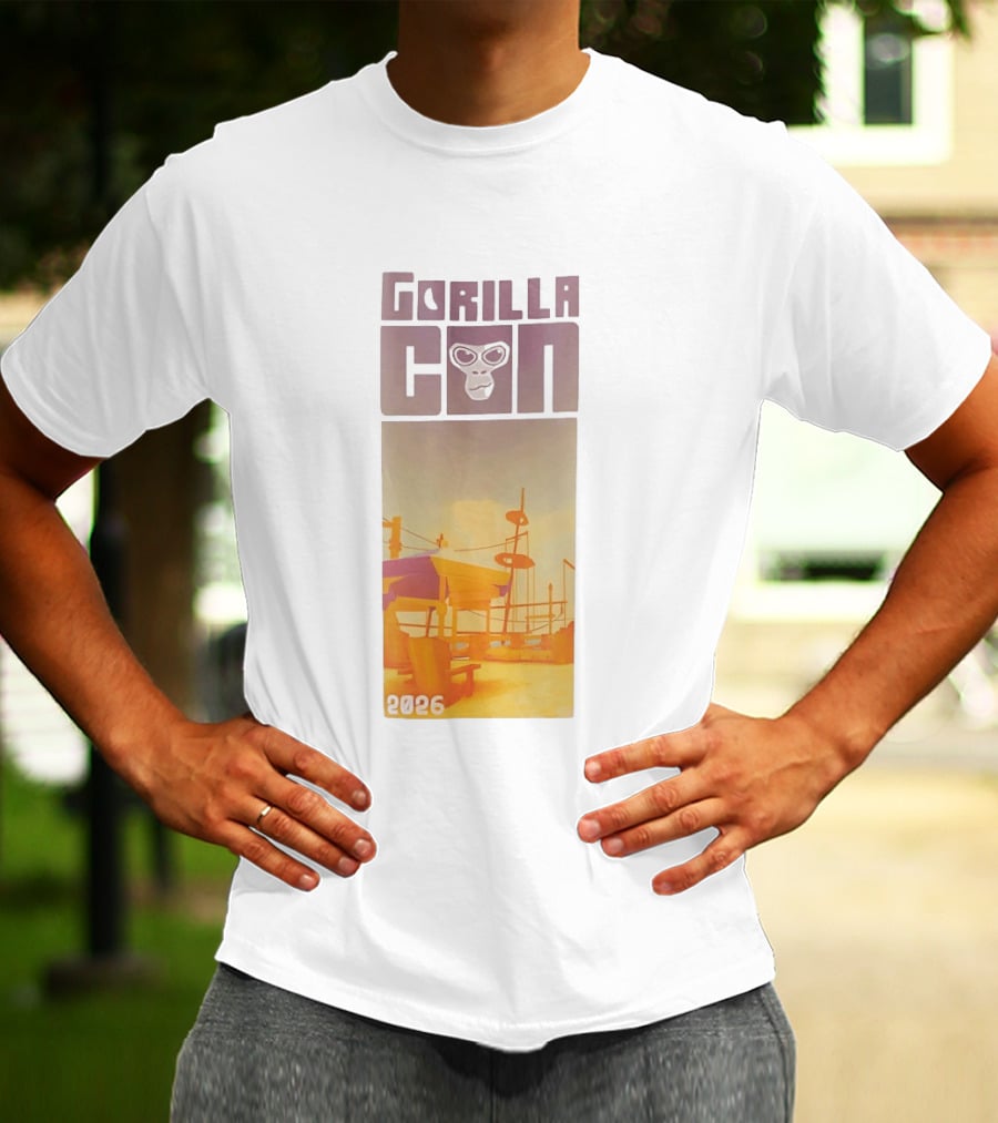 Gorilla Con 2026 Beach Adventure With Sunglasses Wearing Gorilla T-Shirt