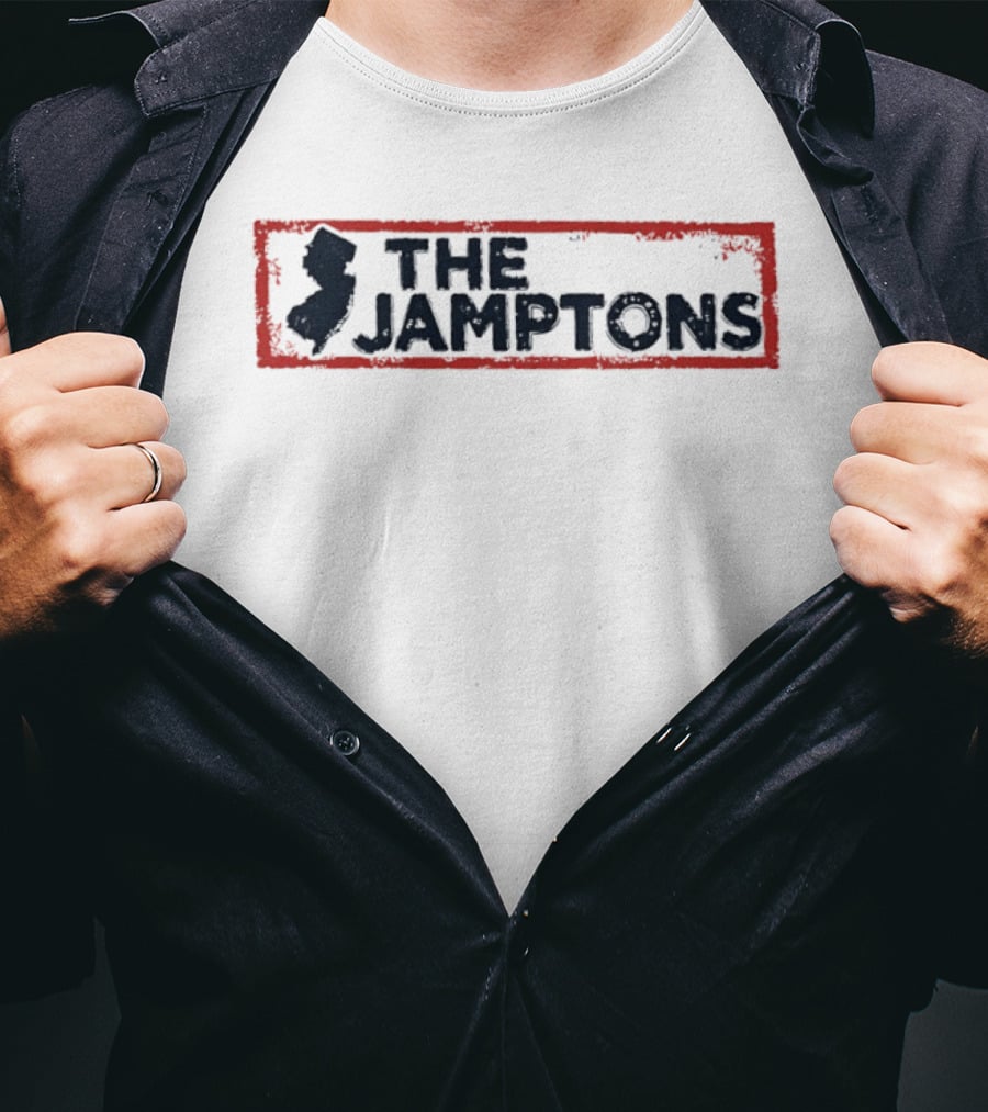 The Jamptons New Jersey Iconic State Outline Red Border T-Shirt