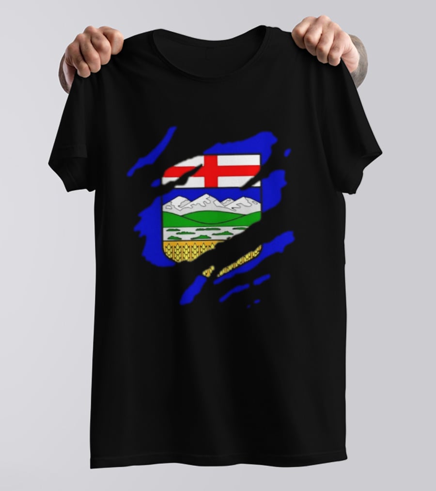 Alberta Coat Of Arms Ripped Effect Canada Flag Emblem Heritage Display T-Shirt