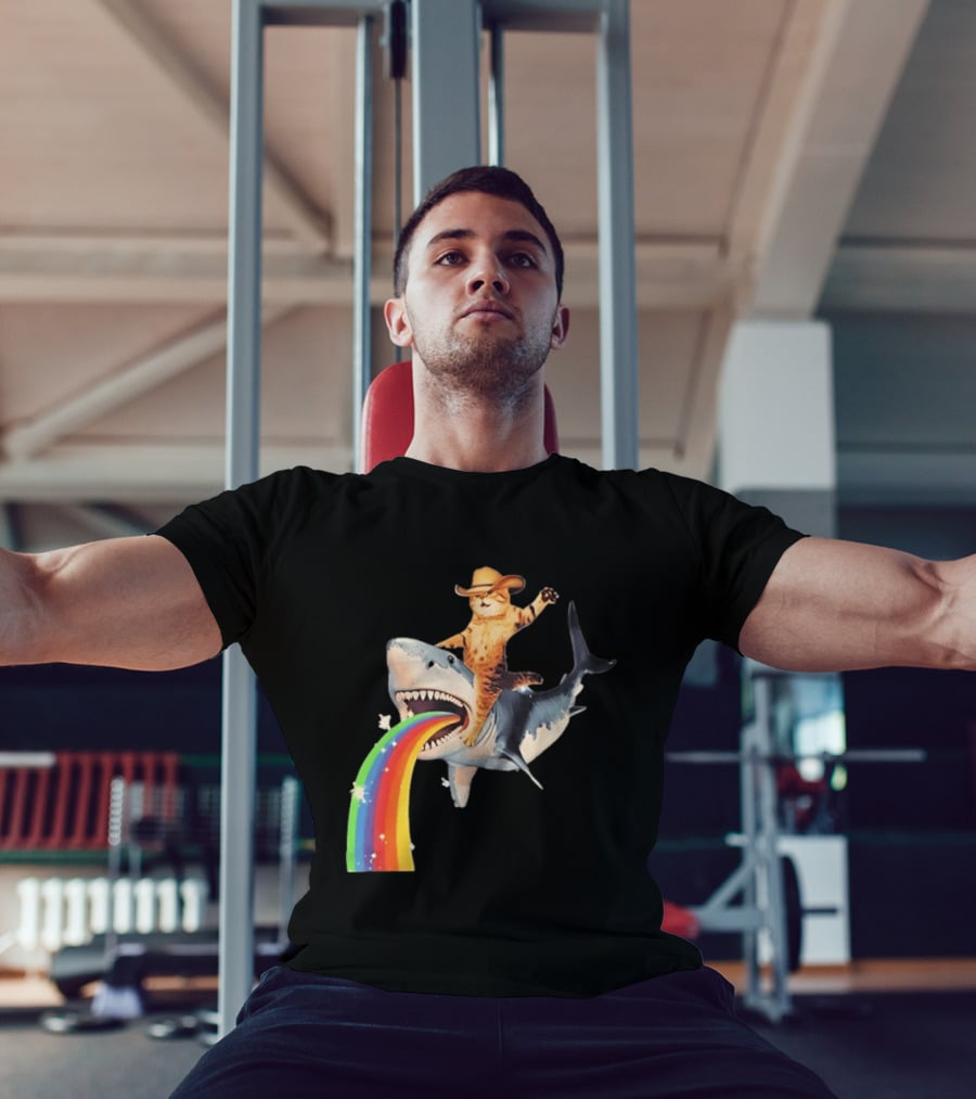 Cowboy Cat Riding Shark With Rainbow T-Shirt