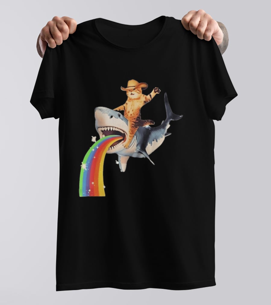 Cowboy Cat Riding Shark With Rainbow T-Shirt