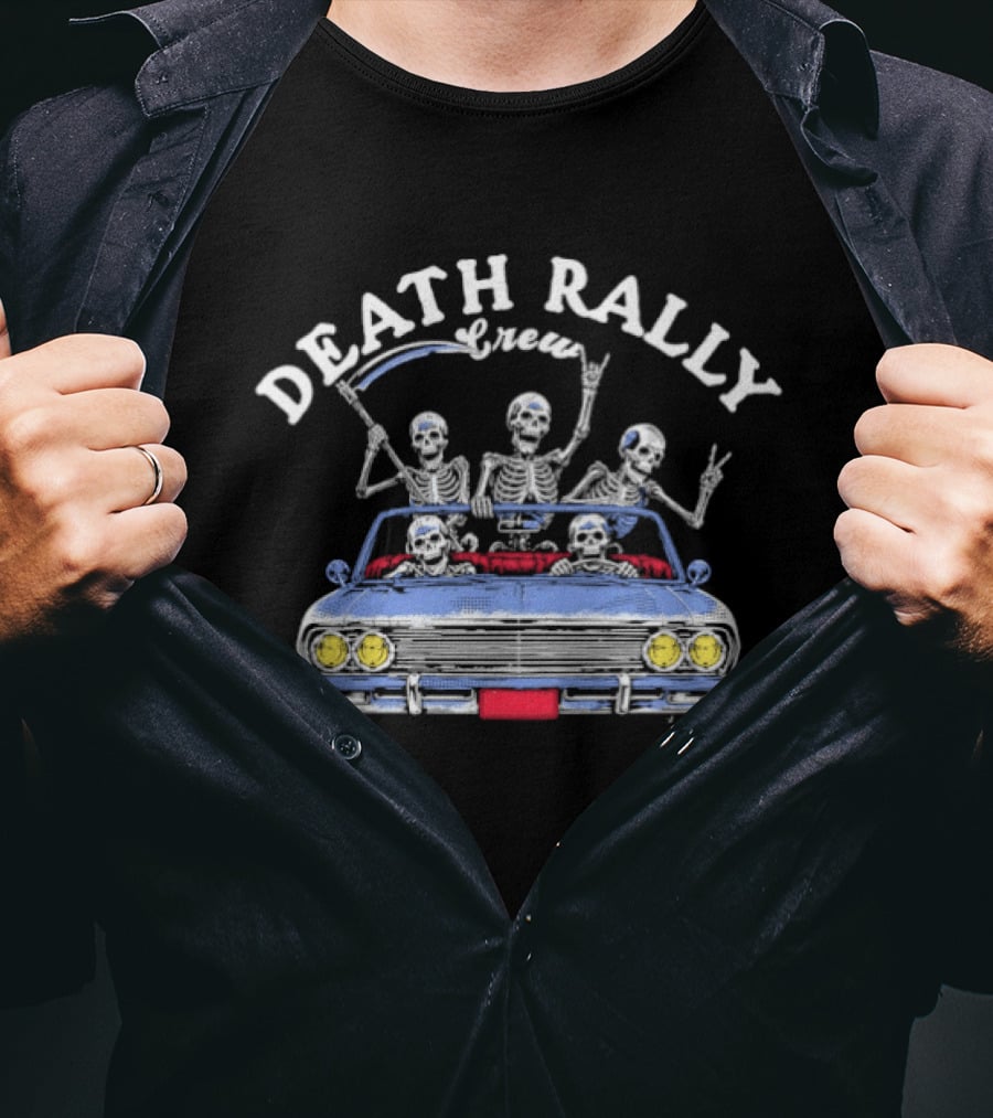 Death Rally Crew Skeletons In Convertible Car With Grim Reaper T-Shirt