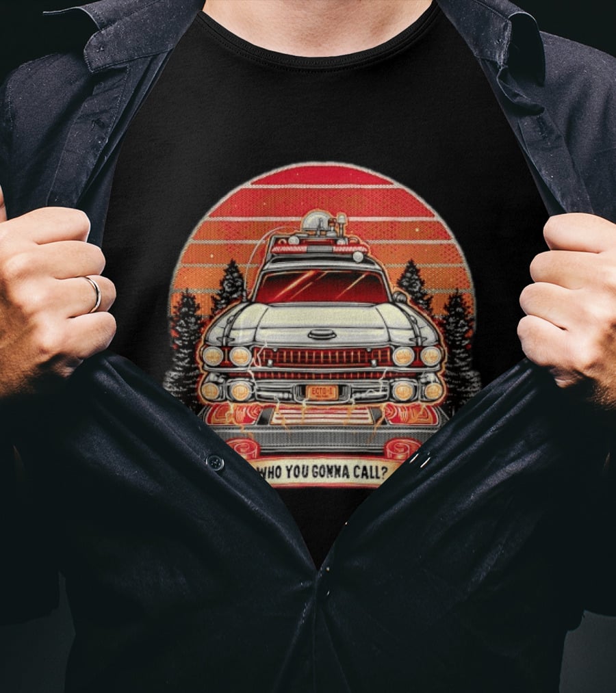 Ecto 1 Who You Gonna Call Ghostbusters Retro Sunset T-Shirt
