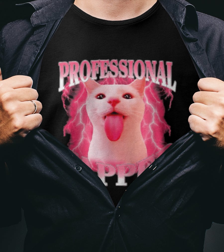 Professional Yapper Cat Pink Lightning Tongue Out T-Shirt