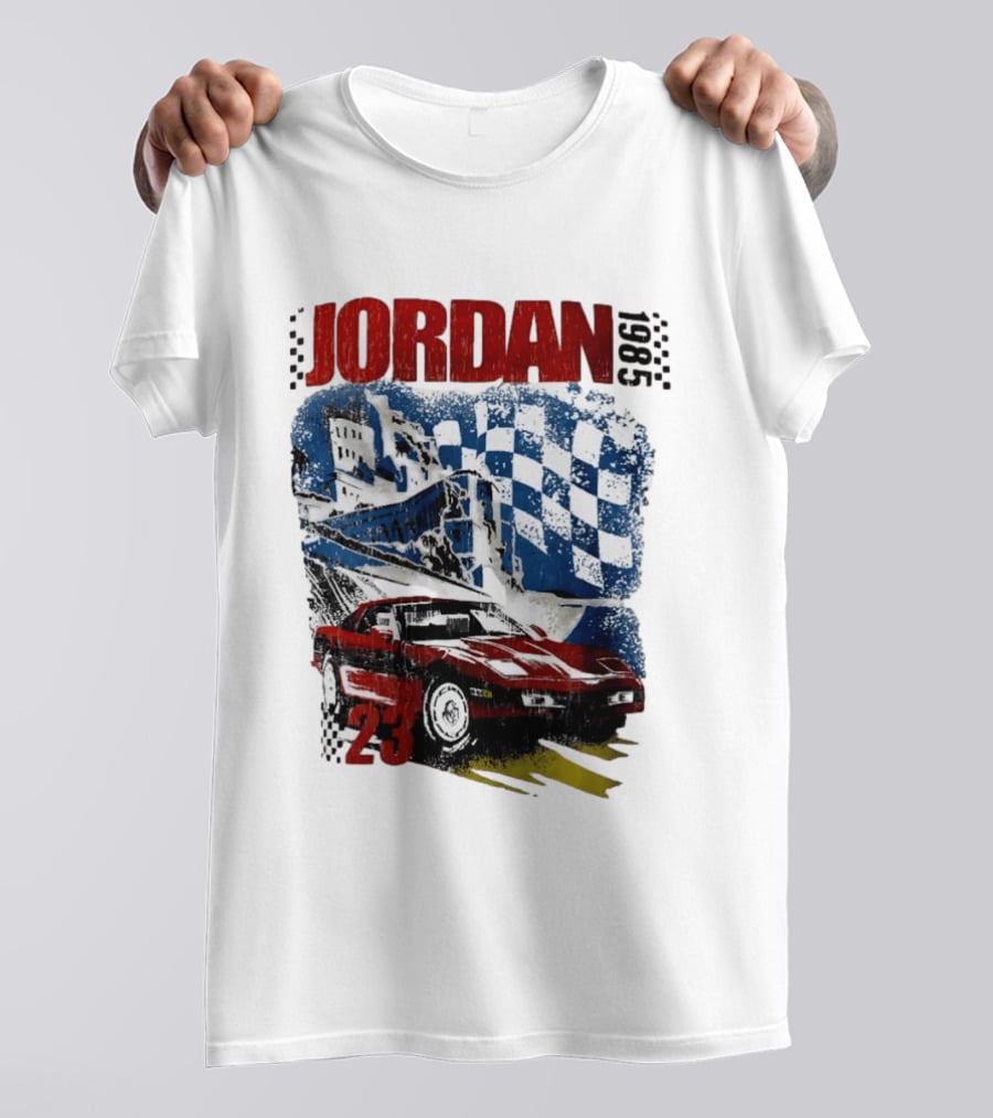 Jordan 23 Racing Brooklyn 1985 Checkered Red Sports Car Blue Flag T-Shirt