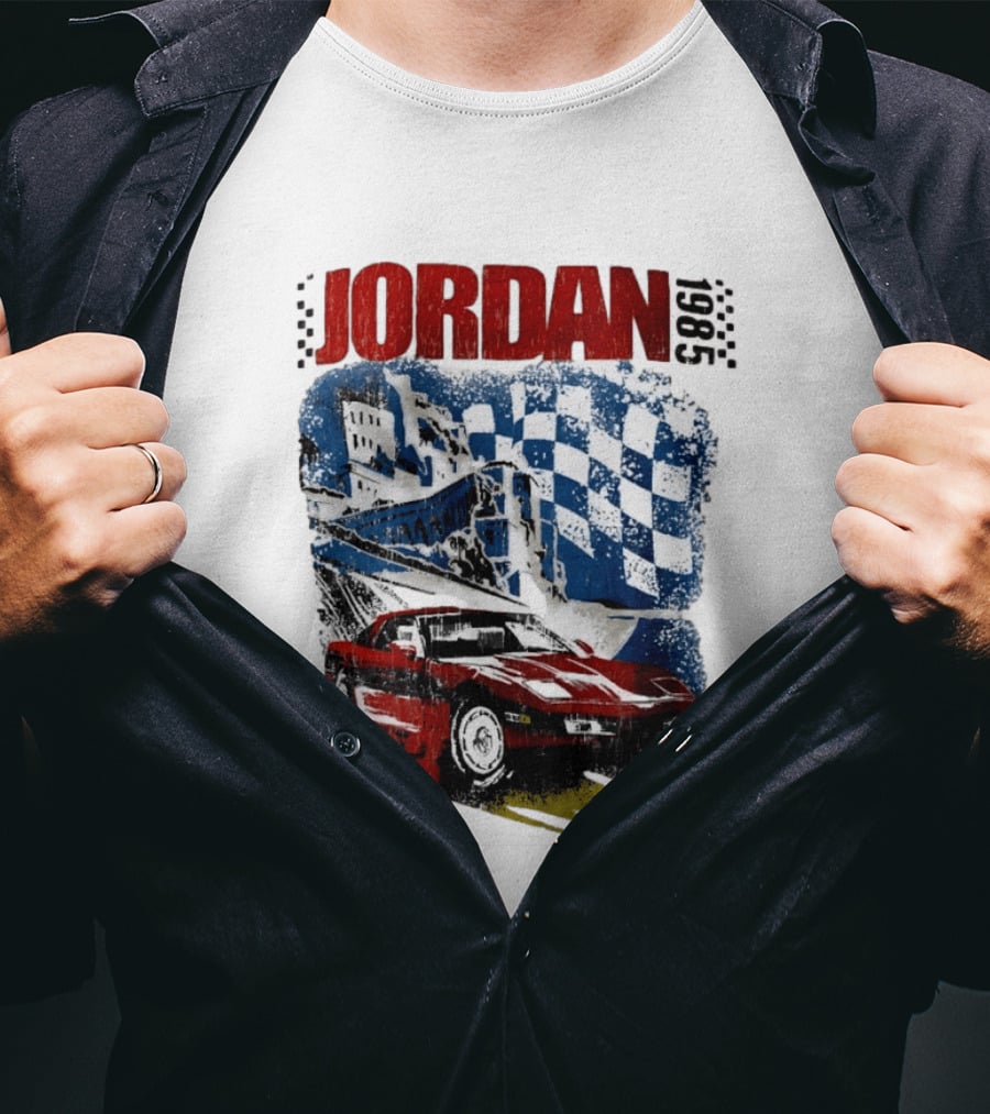 Jordan 23 Racing Brooklyn 1985 Checkered Red Sports Car Blue Flag T-Shirt