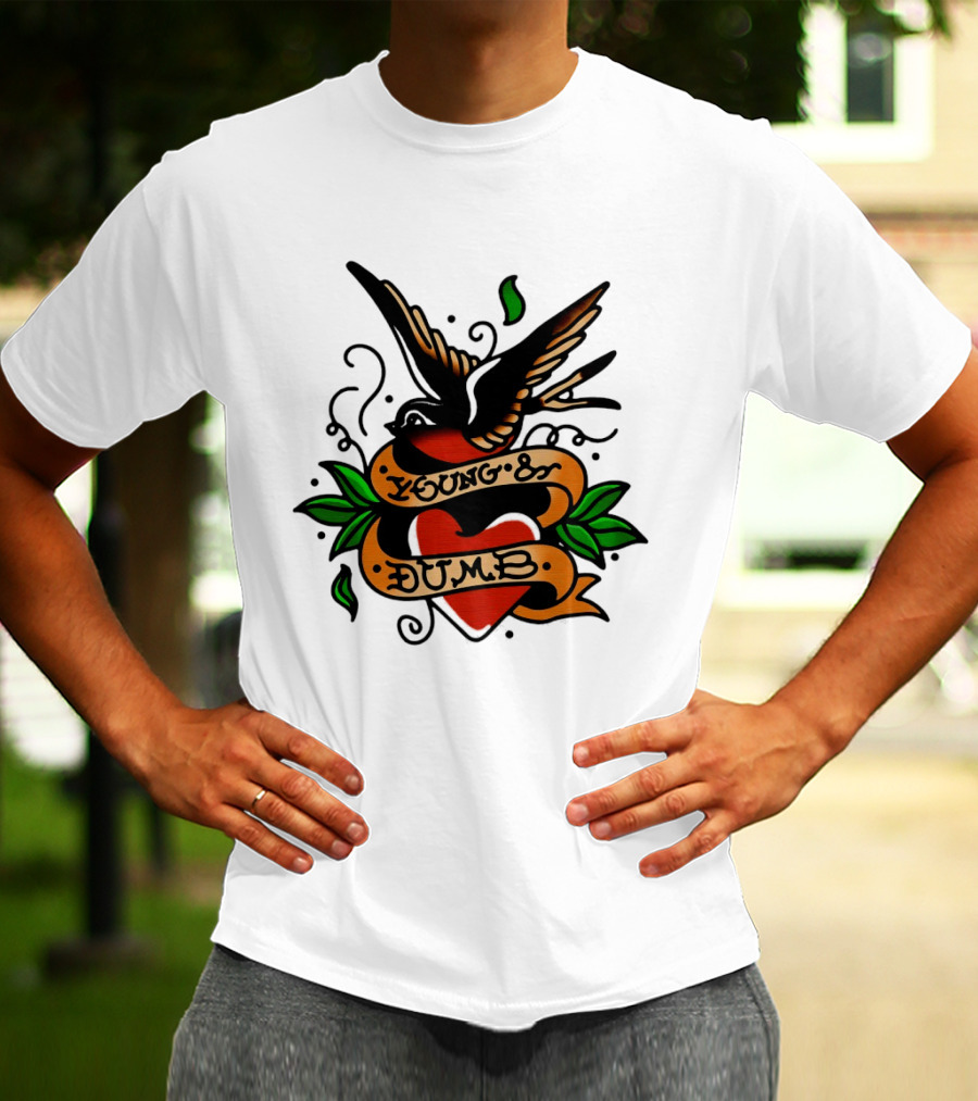 Young And Dumb Swallow Heart Tattoo Vintage Style With Banner And Leaves T-Shirt