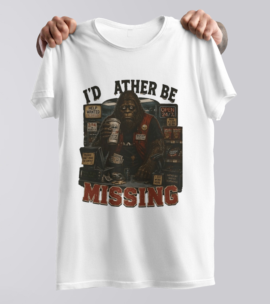 I'd Rather Be Missing Funny Bigfoot Gas Station Clerk Humor T-Shirt