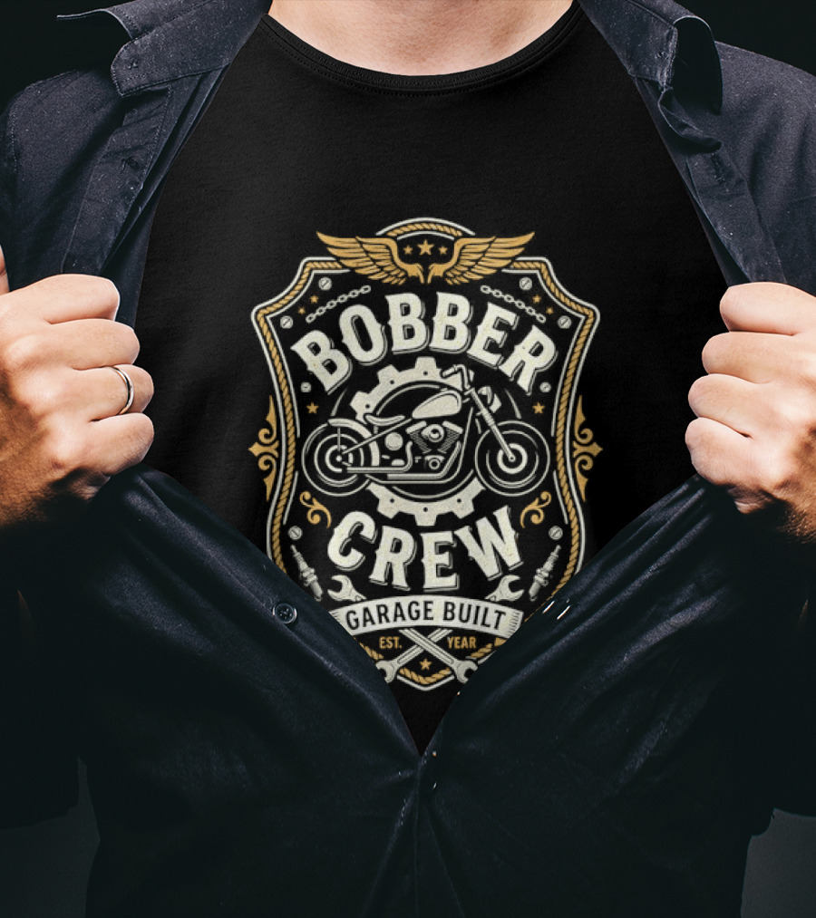 Bobber Crew Garage Built Motorcycle Biker Shield T-Shirt