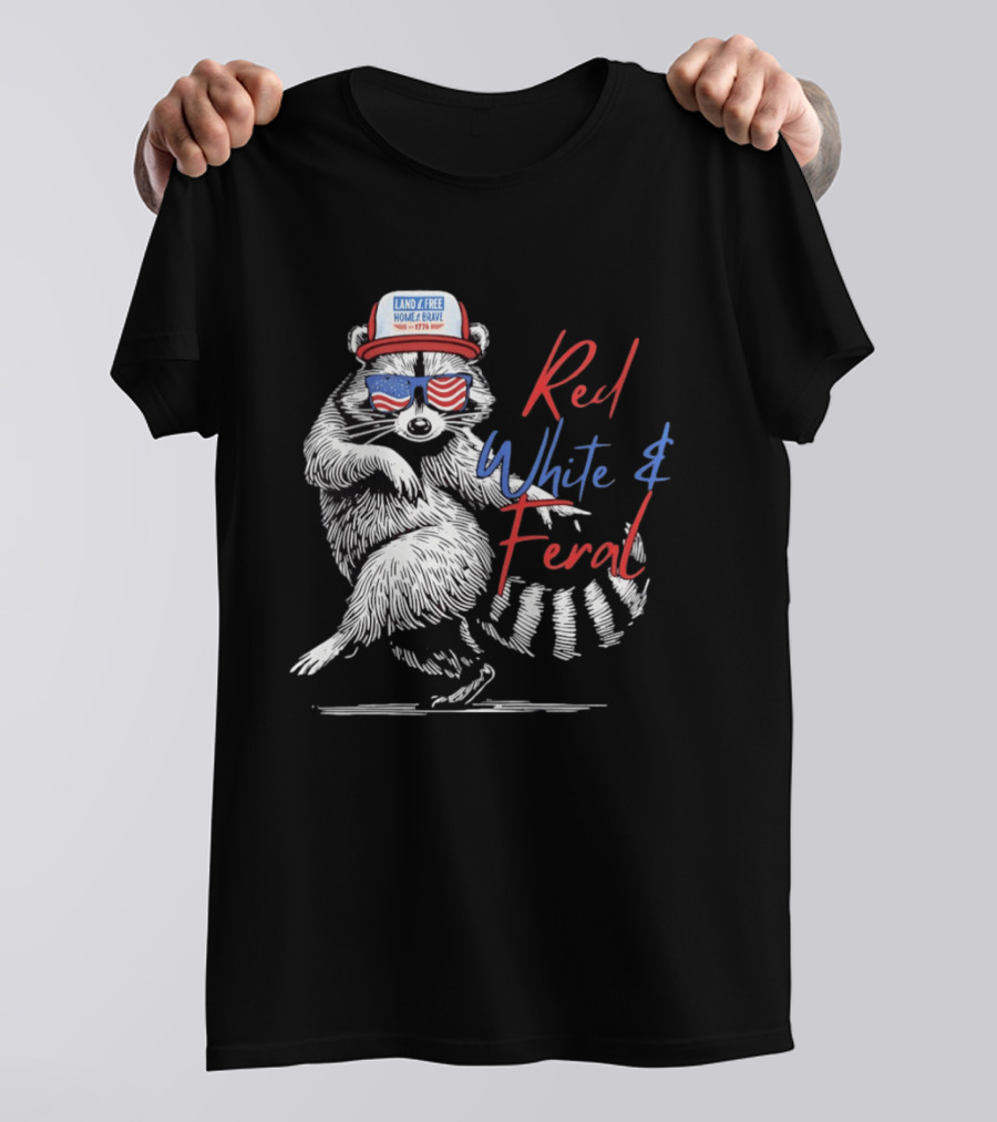 Red White Feral Raccoon Land Of The Free Home Brave 1776 Patriotic USA T-Shirt