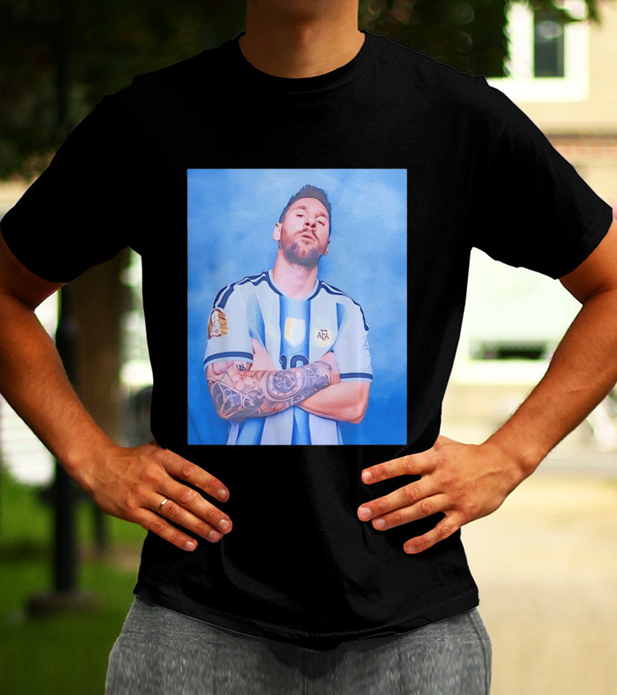 Lionel Messi With Argentina National Team Badge In Blue And White Stripes T-Shirt