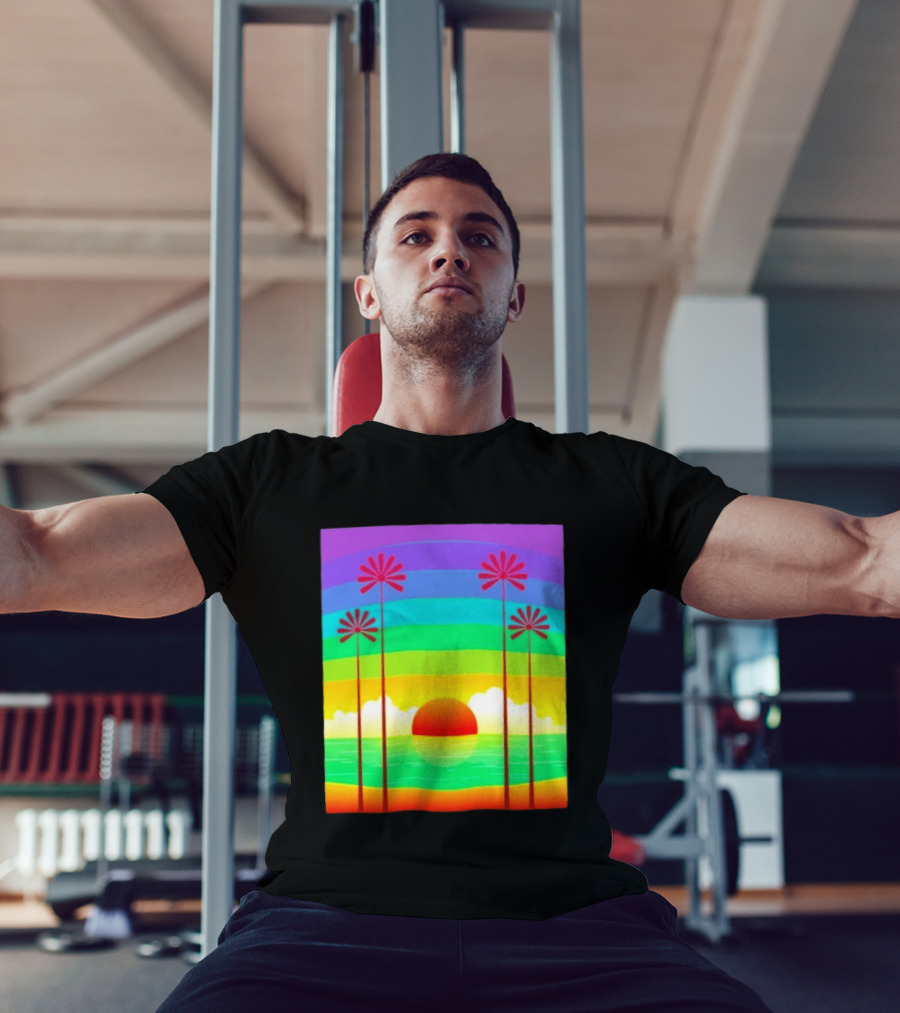 Sunset With Palm Trees And Rainbow Summer Scene T-Shirt