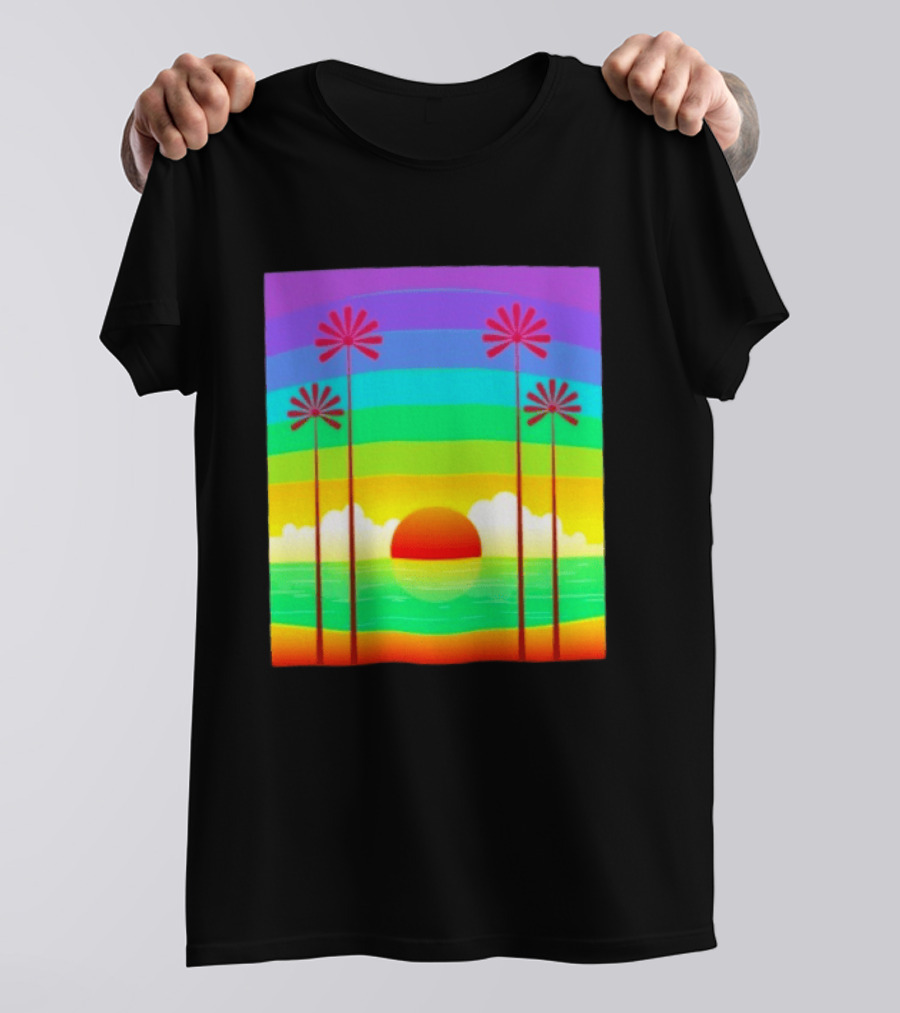 Sunset With Palm Trees And Rainbow Summer Scene T-Shirt