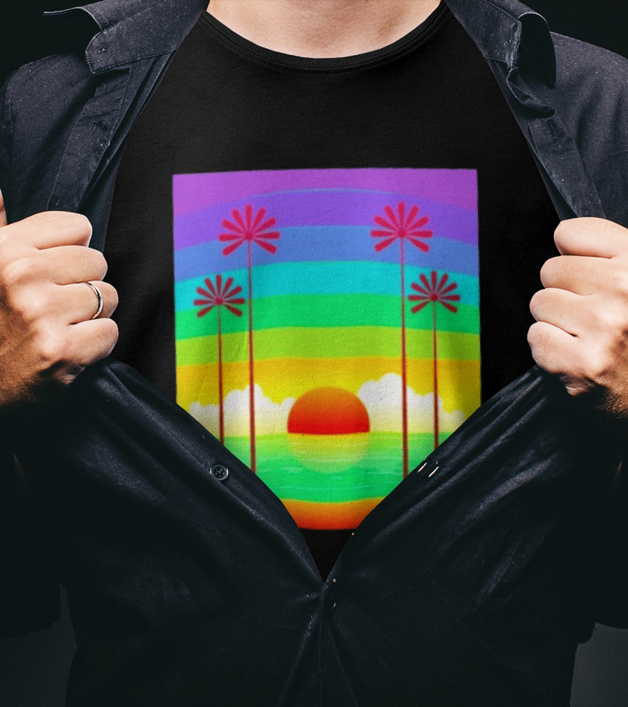 Sunset With Palm Trees And Rainbow Summer Scene T-Shirt