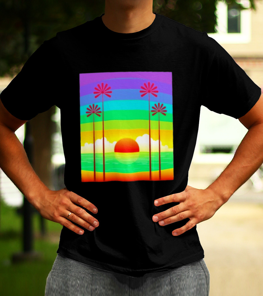 Sunset With Palm Trees And Rainbow Summer Scene T-Shirt
