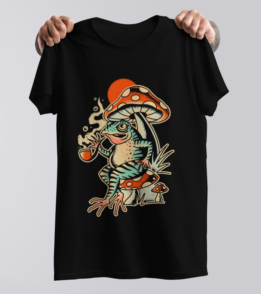 Frog Smoking Pipe Under Mushroom Tattoo T-Shirt