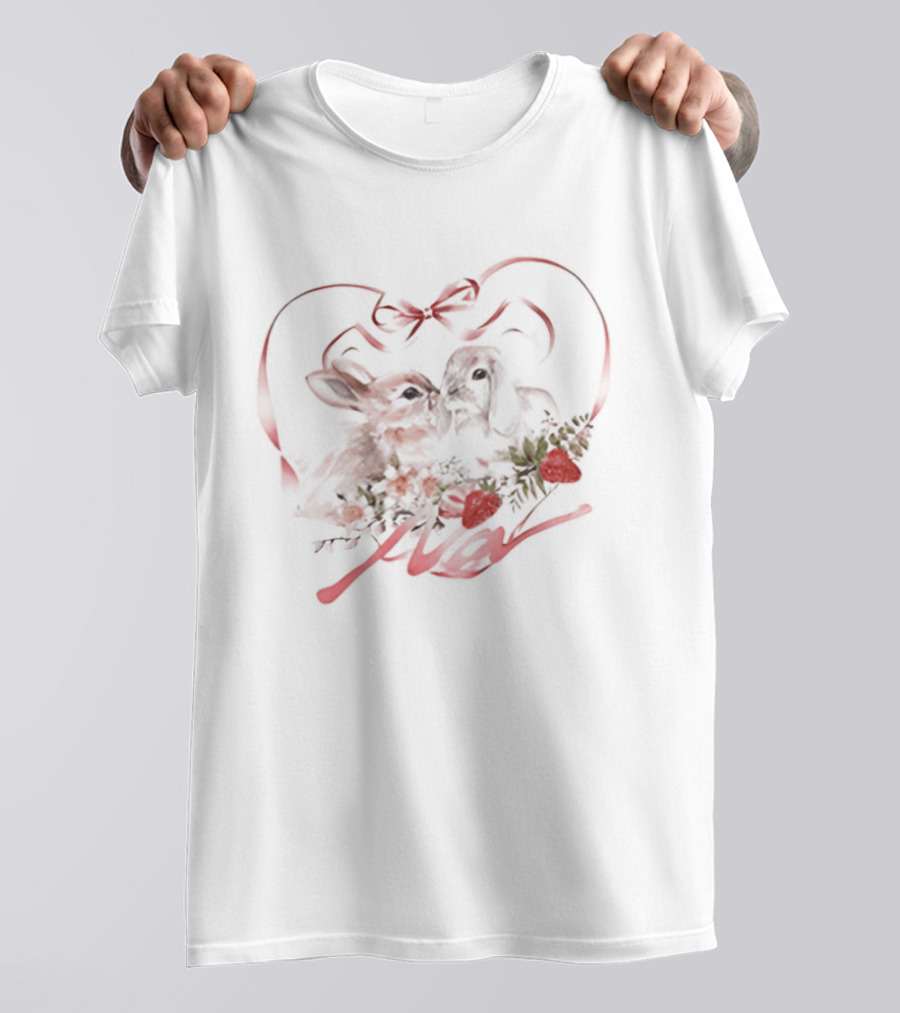 Kissing Rabbits Heart Ribbon Wings Strawberries Cute Love T-Shirt