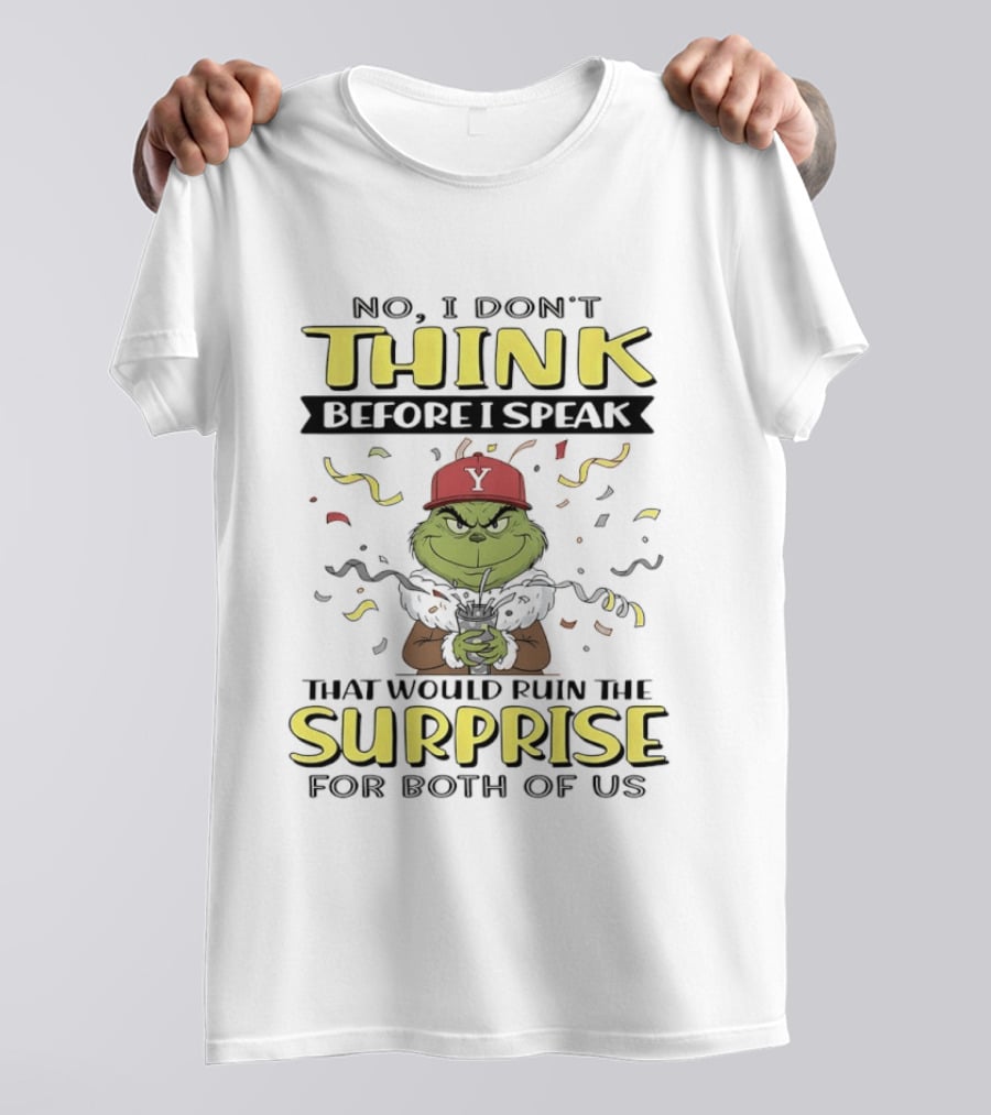 No I Don't Think Before I Speak That Would Ruin The Surprise For Both Of Us Grinning Character In Red Hat With Confetti T-Shirt