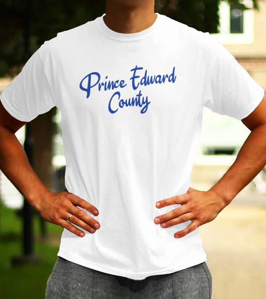 Prince Edward County Text In Blue Cursive Font T-Shirt
