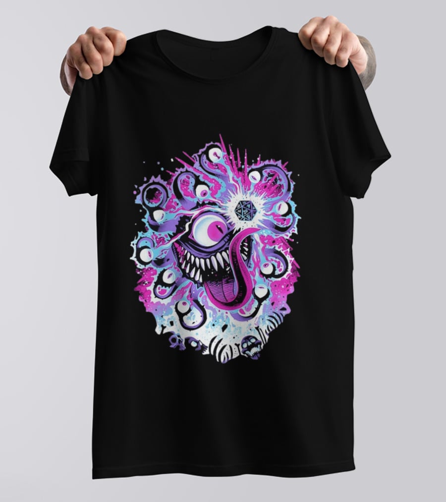 Beholder Dungeons And Dragons Eye Tyrant Illustration With D20 Dice And Psychedelic T-Shirt