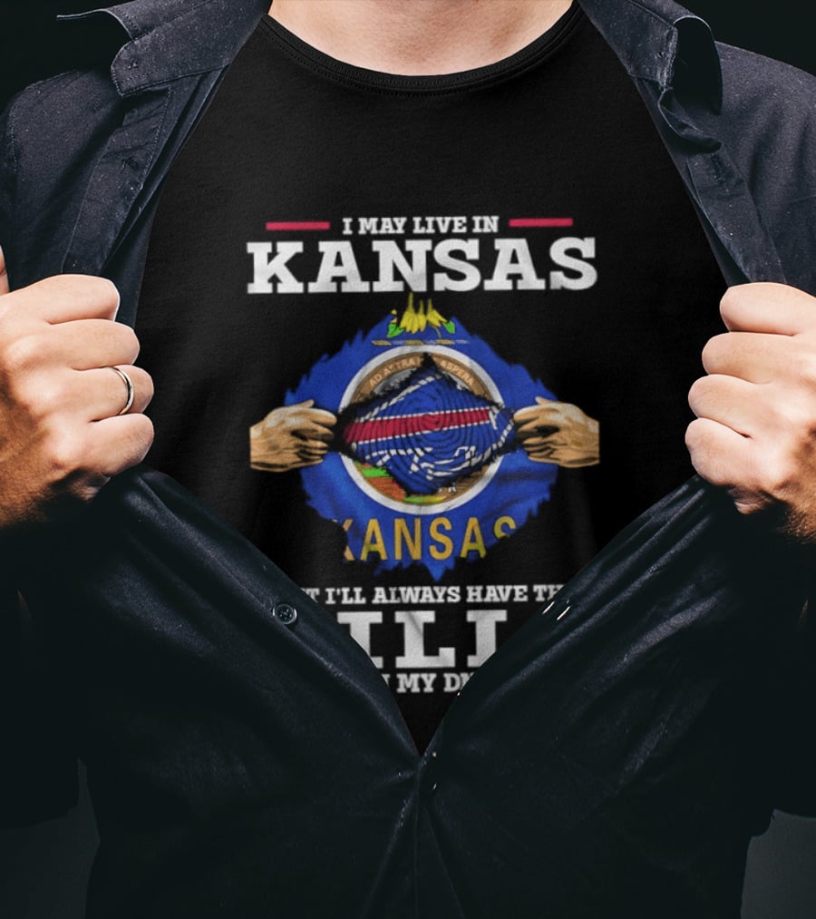 I May Live In Kansas But I'll Always Have The Bills In My DNA Kansas Seal Bills NFL Football T-Shirt