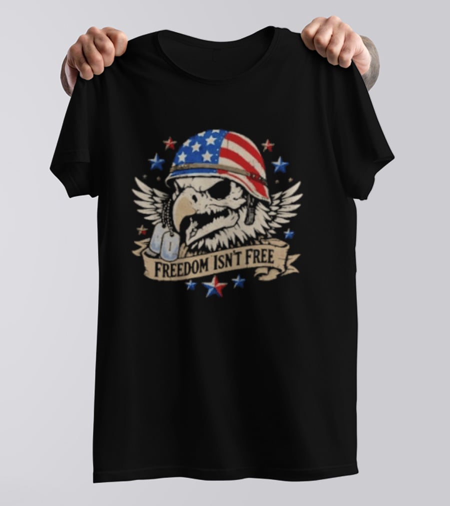 Distressed Eagle Skull Freedom Isn't Free Patriotic American Flag Helmet Stars T-Shirt