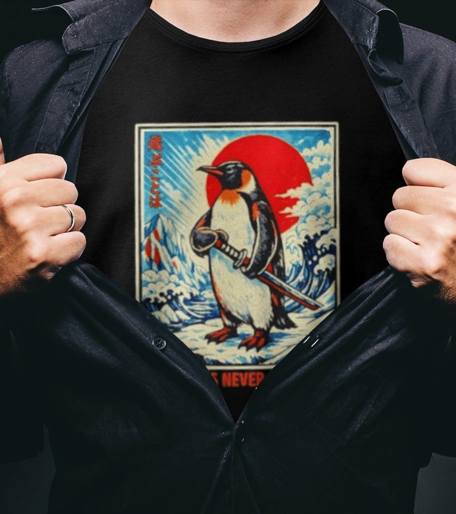 Flight Was Never An Option Japanese Penguin Samurai Rising Sun Katana Waves T-Shirt