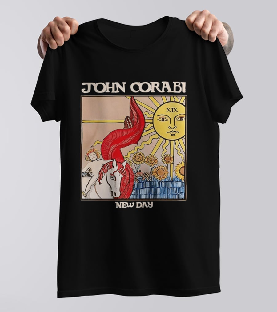 John Corabi New Day The Sun XIX Tarot Card Rider And Sunflowers T-Shirt