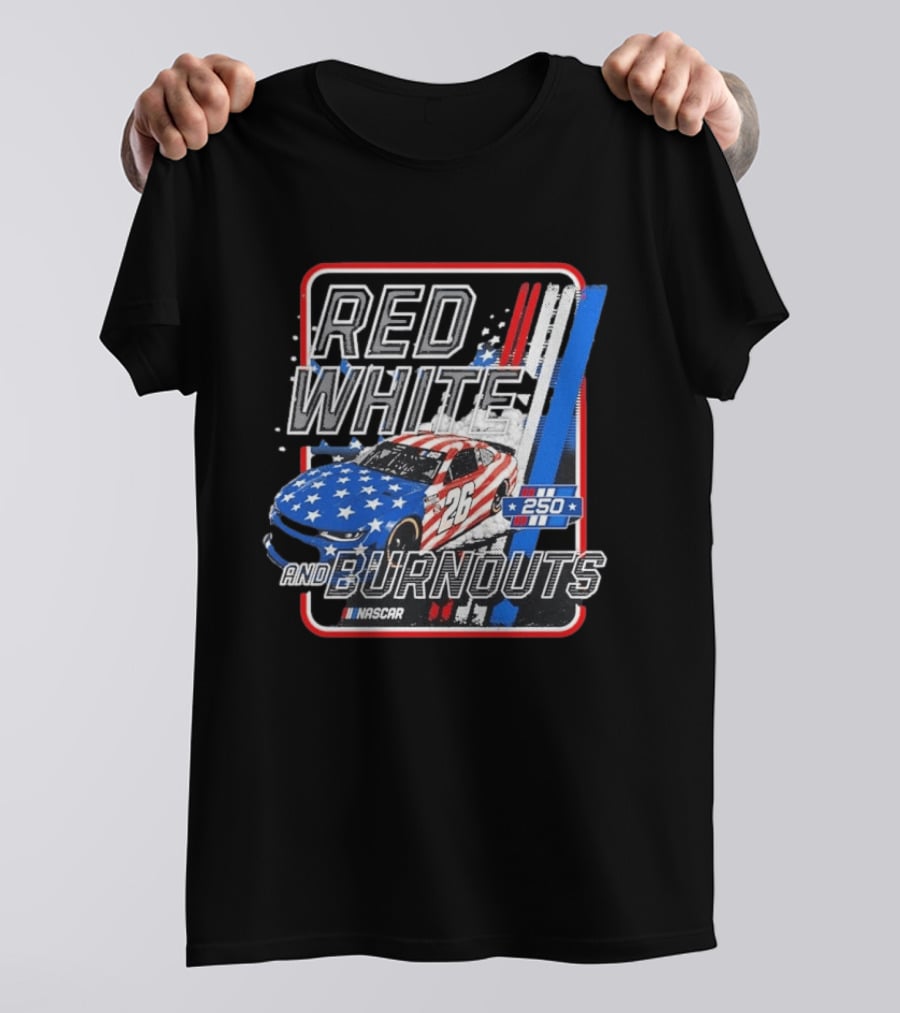 NASCAR Red White Burnouts 250 Racing Car 26 Stars Stripes T-Shirt