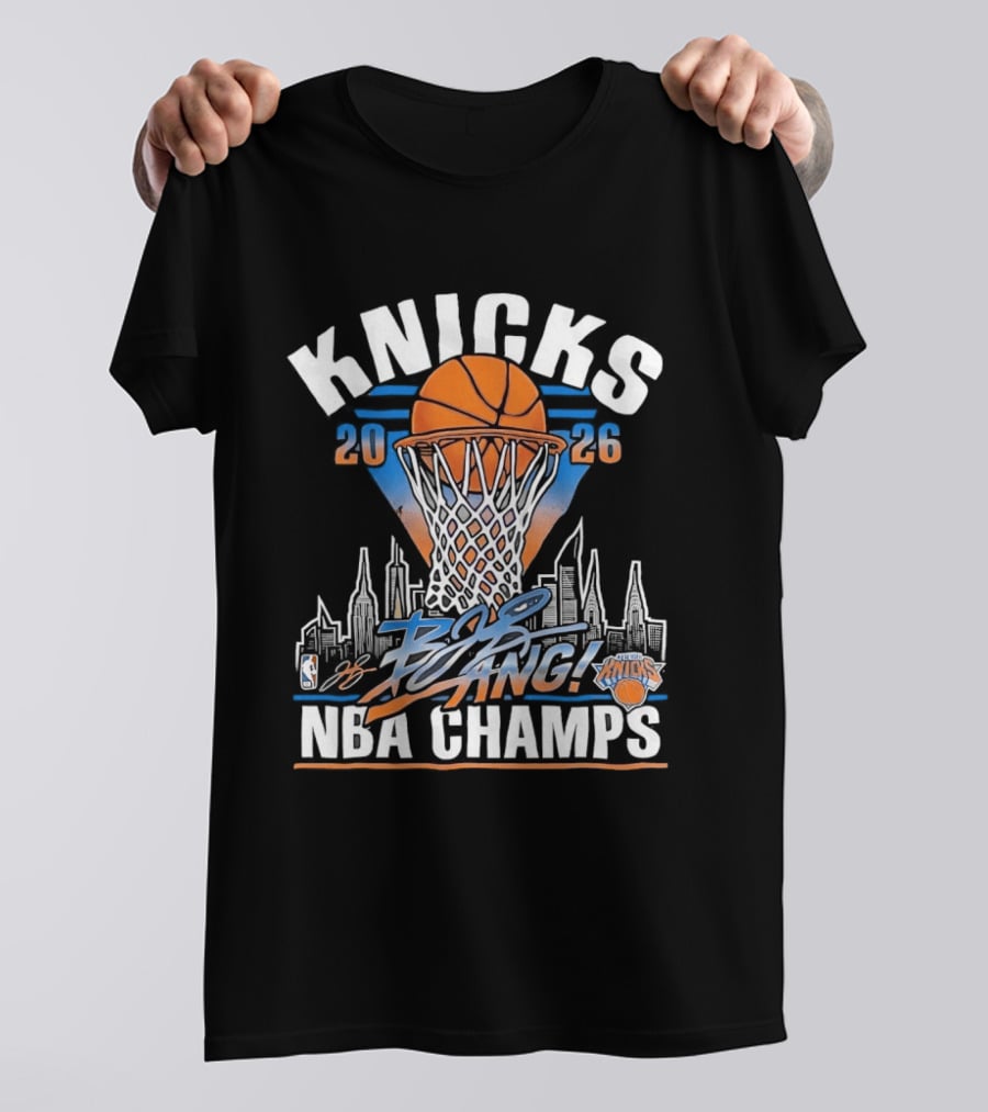 Knicks 2026 NBA Champs Bang NYC Skyline Basketball Net Victory T-Shirt