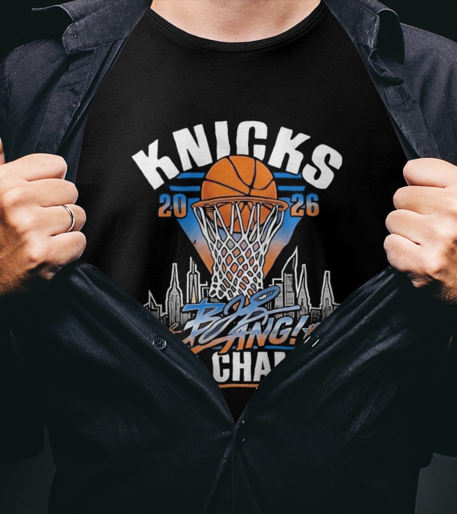 Knicks 2026 NBA Champs Bang NYC Skyline Basketball Net Victory T-Shirt